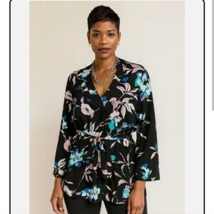 Lane Bryant Womens Black Blue Floral Blouse- V Neck -Waist Tie Belt- 18/20- NWOT